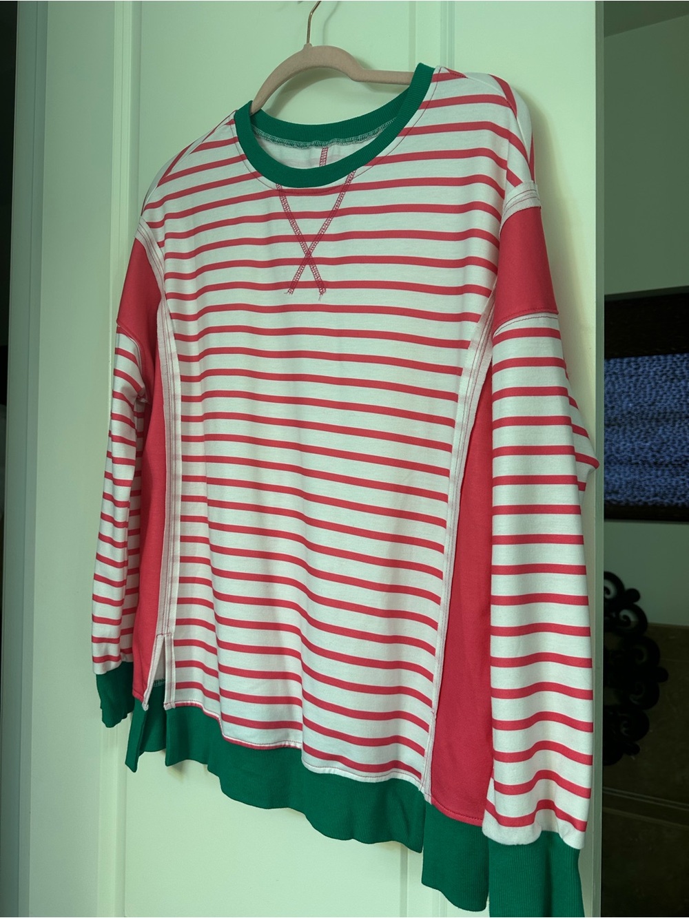 Pink & White Striped Long Sleeve Sweatshirt Top with Green Trim